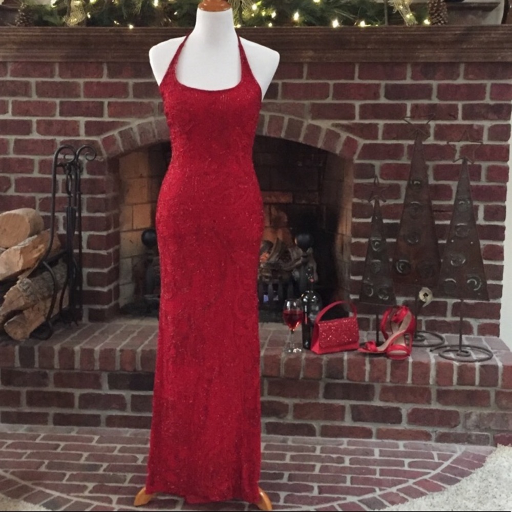 COPY - Beaded Red Full length Evening Gown w beaded scarf